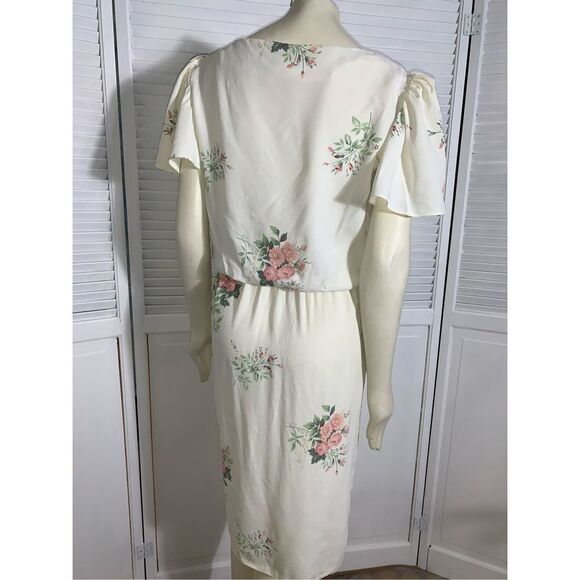 Vintage Floral Pastel Puff Sleeve Dress Cream 9/10 - Picture 2 of 14